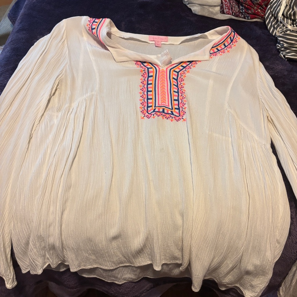 Lilly Pulitzer Cream Blouse with Colorful Embroidery - Picture 2 of 3